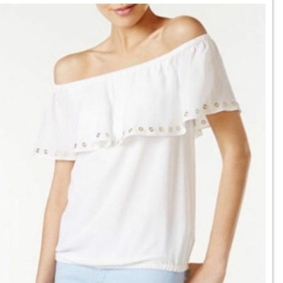 MICHAEL Michael Kors Tops - WHITE GROMMET RUFFLE OFF-THE-SHOULDER BLOUSE TOP